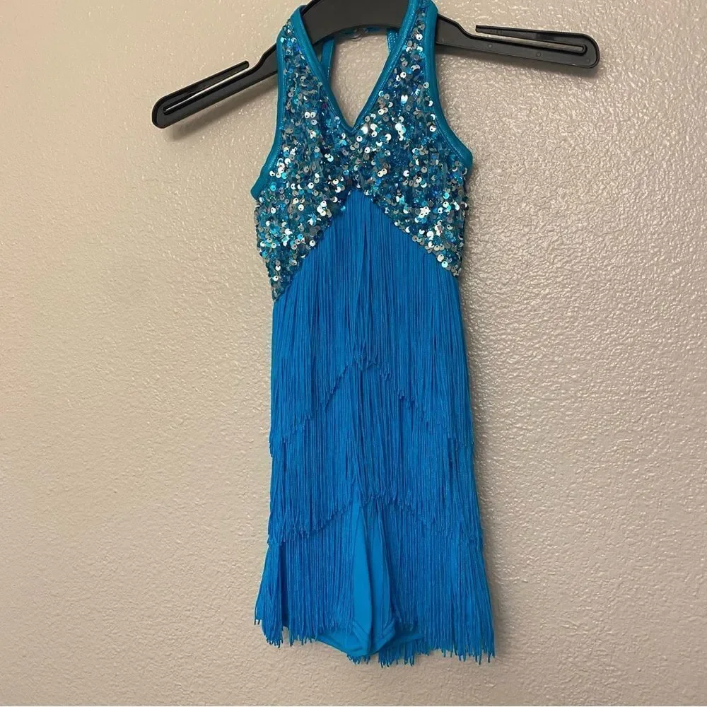 Weissman dance costume aqua blue sequin fringe flapper Little Brown Jug 10425 SC